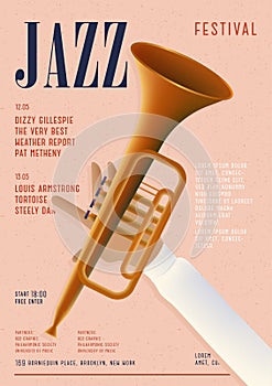 Jazz poster. Template for musical concert placard. Vertical mockup with trumpet and place for text.