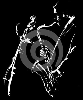 Jazz, saxophone and double bass in a nightclub