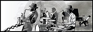 Jazz  with saxophone, drum, piano and double-bass