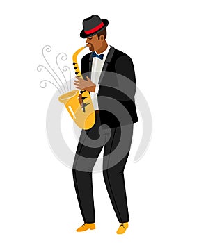 Jazz saxophonist plays saxophone isolated on white
