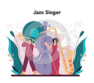 Jazz singer concept. Performer singing with microphone on stage.