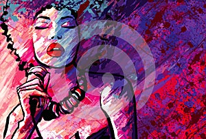 Jazz singer with microphone on grunge background