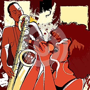 Jazz singer and saxophonist on grunge background
