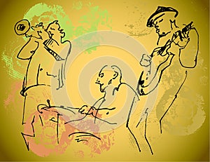 Jazz trio silhouettes on the color background with texture.
