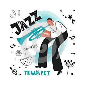 The jazz trumpet. Jazz trumpeter performs a musical melody