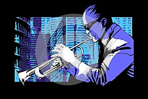 Jazz trumpet player over a city background