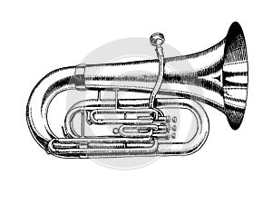 Jazz tuba in monochrome engraved vintage style. Hand drawn trumpet sketch for blues and ragtime festival poster. Musical