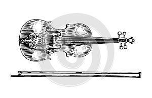 Jazz violin and bow in monochrome engraved vintage style. Hand drawn fiddle sketch for blues and ragtime festival poster