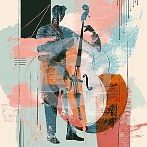 Jazzband, jazz musician, bass player. Illustration, concert poster.