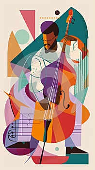 Jazzband, jazz musician, bass player. Illustration, concert poster.