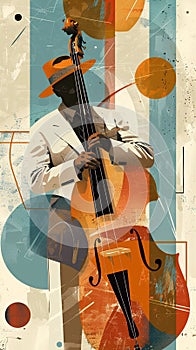 Jazzband, jazz musician, bass player. Illustration, concert poster.