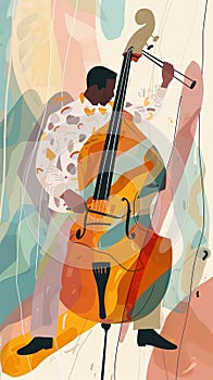 Jazzband, jazz musician, bass player. Illustration, concert poster.