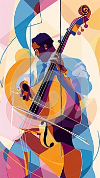 Jazzband, jazz musician, bass player. Illustration, concert poster.