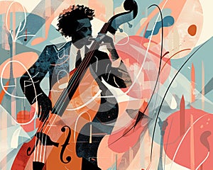 Jazzband, jazz musician, bass player. Illustration, concert poster.