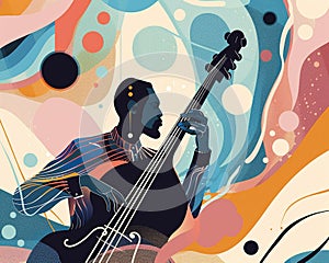 Jazzband, jazz musician, bass player. Illustration, concert poster.