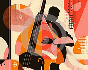 Jazzband, jazz musician, bass player. Illustration, concert poster.