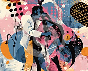 Jazzband, jazz musician, bass player. Illustration, concert poster.