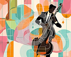 Jazzband, jazz musician, bass player. Illustration, concert poster.