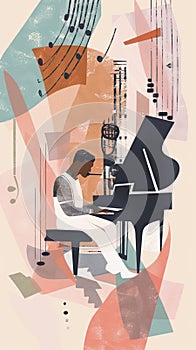 Jazzband, jazz musician, pianist Illustration, concert poster.