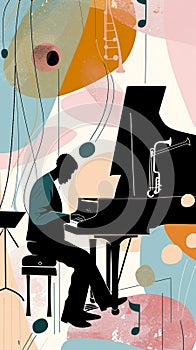Jazzband, jazz musician, pianist Illustration, concert poster.