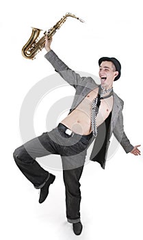 Jazzman dancing with a saxophone