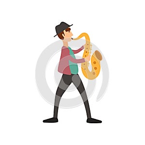 Jazzman in hat with saxophone, color vector illustration