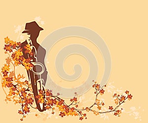 Jazzman musician playing saxophone among autumn leaves and branches vector copy space background