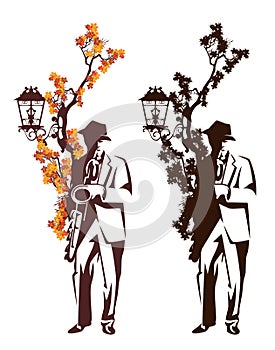 Jazzman musician standing by street light playing saxophone among autumn leaves and branches vector outline