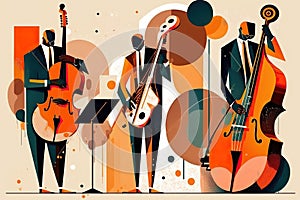 Jazzmen playing musical instruments on bright background, created with Generative AI technology