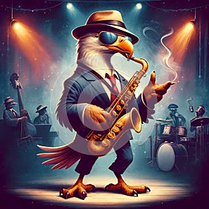 Jazzy Avian Groove: Cartoon Eagle Serenading with Saxophone Melodies