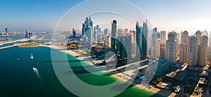 JBR beach and Dubai Marina skyscrapers aerial view