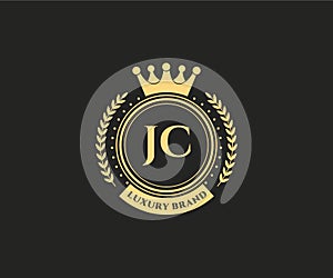 JC Initial Letter Gold calligraphic feminine floral hand drawn heraldic monogram antique vintage style luxury logo design Premium