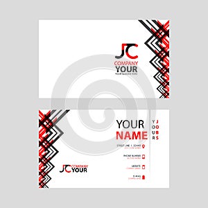 The JC logo on the red black business card with a modern design is horizontal and clean. and transparent decoration on the edges.