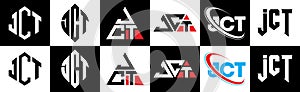 JCT letter logo design in six style. JCT polygon, circle, triangle, hexagon, flat and simple style with black and white color