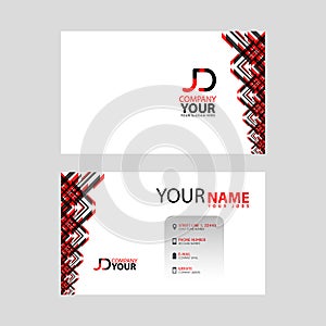 The JD logo on the red black business card with a modern design is horizontal and clean. and transparent decoration on the edges.