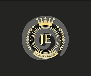 JE Initial Letter Gold calligraphic feminine floral hand drawn heraldic monogram antique vintage style luxury logo design Premium