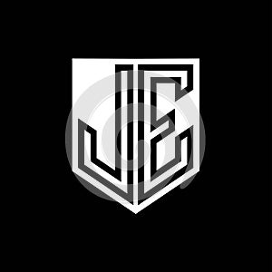 JE Logo monogram shield geometric black line inside white shield color design