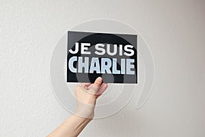 Je Suis Charlie sign in woman's hand