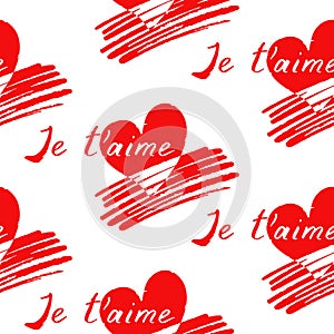 Je t`aime - inscription in French - I love you. Seamless pattern of the hand-drawn calligraphy, blue strokes and pink hearts. Vec