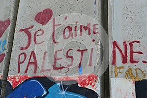 Je t`aime Palestine. Art and writings on the wall in Bethlehem, between Palestine Westbank and Israel