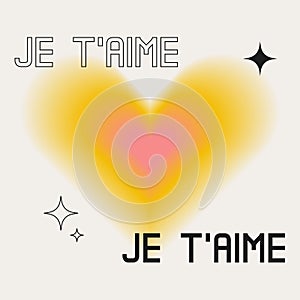 Je taime. y2k trendy gradient heart with love text in french language. Vintage square banner template for social media