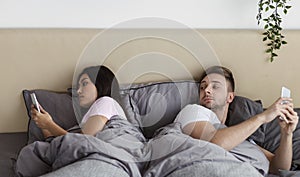 Jealous Husband Peeking At Wife`s Phone Texting Lying In Bed