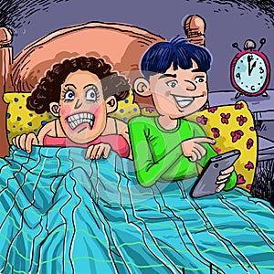 Jealous wife and angry wife looking husband busy with smartphone in the bedroom