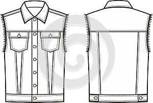 Jean vest flat sketch. Denim waistcoat apparel design. Front and back. Men CAD mockup. photo