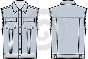 Jean vest flat sketch. Denim waistcoat apparel design. Front and back. Men CAD mockup. photo