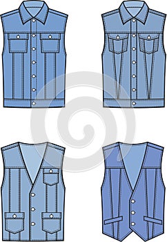Jean vest flat sketch. Denim waistcoat set apparel design. Men CAD mockup. photo