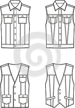 Jean vest flat sketch. Denim waistcoat set apparel design. Men CAD mockup. photo