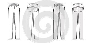 Jeans botton fly tapered Denim pants technical fashion illustration with full length, low waist, rise, 5 pockets, Rivets