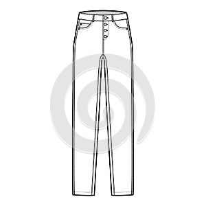 Jeans botton fly tapered Denim pants technical fashion illustration with full length, low waist, rise, 5 pockets, Rivets