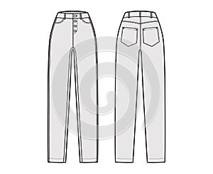 Jeans botton fly tapered Denim pants technical fashion illustration with full length, waist, high rise, 5 pockets, Rivet